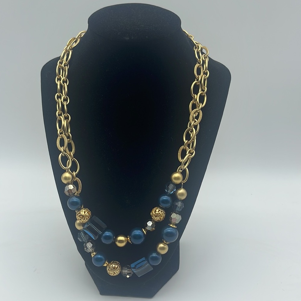 Brighton Contempo Chic Gold Beaded Necklace Blue Beads Adjustable